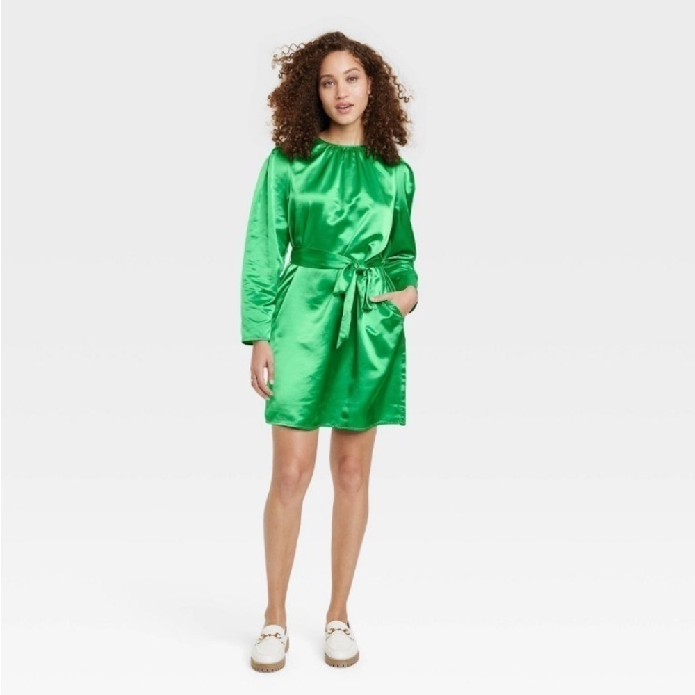 Women's Long Sleeve Belted A-Line Dress - A New Day™ Green M nwt